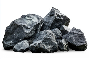 A conceptual photograph of dark gray rocks with large boulders isolated on a white background, in PNG format.