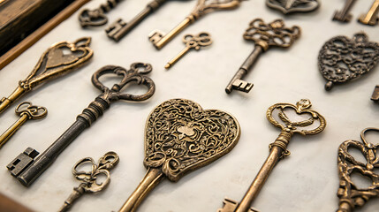 Vintage decorative keys arranged elegantly on a display surface showcasing intricate designs and artistic craftsmanship in a soft light setting