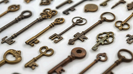 Assorted Antique Keys Spread Out on White Surface for Creative and Vintage Design Concepts in Stock Photography