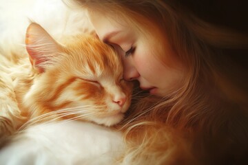 Young Female with Adorable Feline companion Resting on Bed, Cozy and Peaceful Home Environment