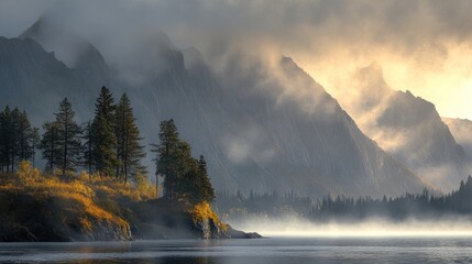 Misty sunrise over mountain lake with autumn trees.