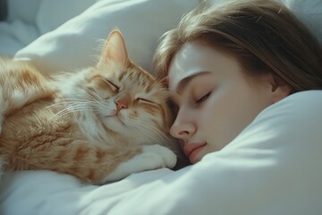 Young Female with Adorable Feline companion Resting on Bed, Cozy and Peaceful Home Environment