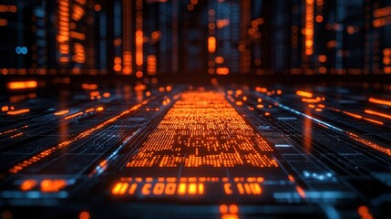 A futuristic digital landscape filled with glowing orange data streams and circuitry, symbolizing advanced technology.