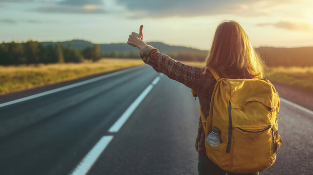 Young woman with backpack on road hitchhiking holding hand with thumb extended showing thumbs-up gesture - Powered by Adobe