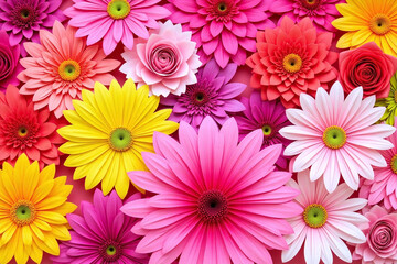 Densely packed artificial flowers different shapes sizes