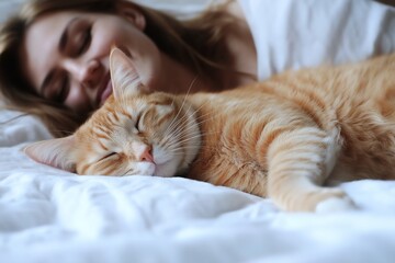 Young Female with Adorable Feline companion Resting on Bed, Cozy and Peaceful Home Environment