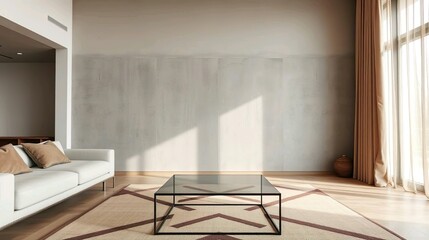 Fototapeta premium A sleek and modern interior design of a minimalist living room, featuring a neutral color palette of white, gray, and beige with black accents.