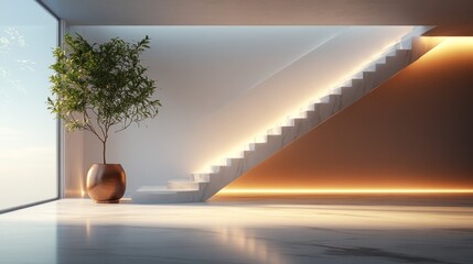 Modern staircase with plant, sunset view, and ambient lighting.