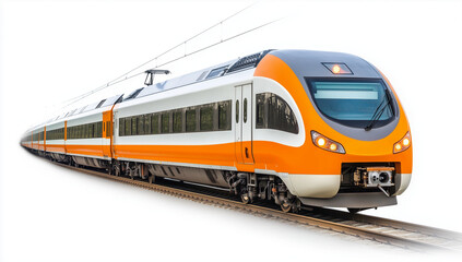 Naklejka premium A modern, high-speed electric train with an orange and white color scheme, depicted in a realistic style against a white background, in the side view, in high-resolution photography.