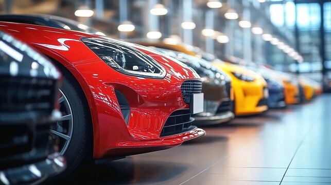 A row of cars in the showroom, all different colors and models, with a focus on one red car at the front.