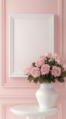 Fototapeta premium Blank White Frame on Pastel Pink Wall with Roses in White Vase
