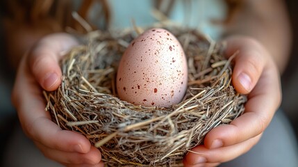 Obraz premium A child holds a nest containing a speckled egg, symbolizing nature and new beginnings.