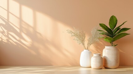 Gentle Pastel Peach Wallpaper with Elegant Vases and Greenery