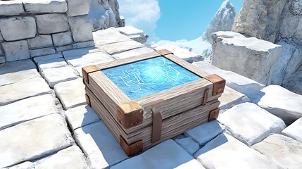 Mystical Wooden Chest with Frozen Glass Top on Mountaintop