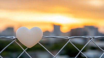 Red heart balloon attached to a metal fence, symbol of love, romance and celebration