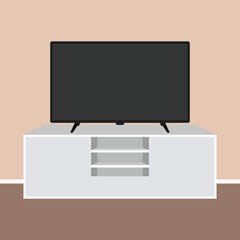 Large TV in the room on a large wooden table flat vector design
