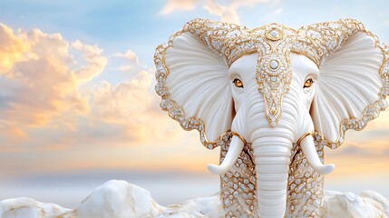 Elegant White Elephant Decor  Gold Jewel  Sunset Sky