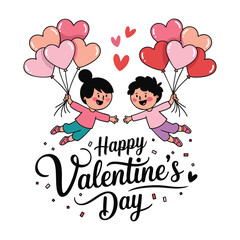 Whimsical illustration featuring kids flying with heart-shaped balloons and a Happy Valentine's Day banner. Perfect for romantic or Valentine-themed designs.