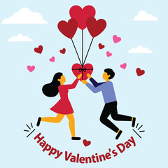 lustration of a couple embracing in the clouds, surrounded by heart-shaped balloons and symbols of love, celebrating Valentine's Day in a romantic and whimsical setting.