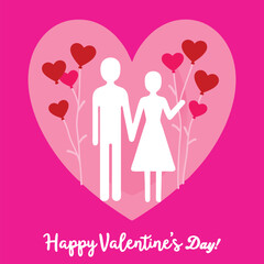Illustration of two individuals holding hands, surrounded by heart balloons and decorations, celebrating love and togetherness on Valentines Day