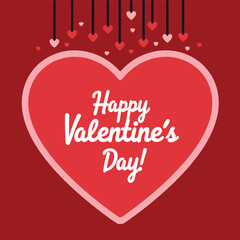 Red heart graphic with text Happy Valentine's Day surrounded by hanging hearts, symbolizing love and romance, perfect for Valentine's Day celebrations.