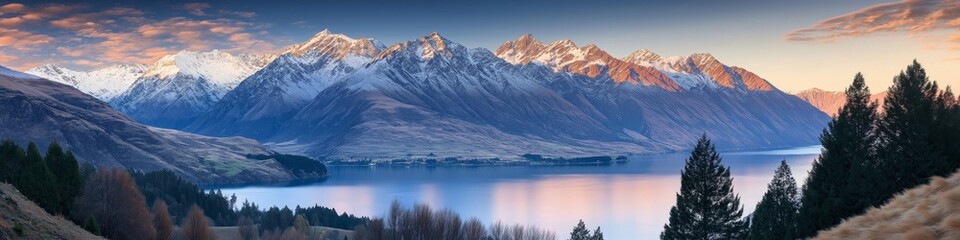 Obraz premium Majestic winter sunrise illuminating snowy mountains and serene alpine lake with cozy chalet