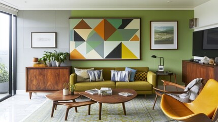 A modern family room with plush seating, geometric wallpaper in green and yellow, and framed artwork