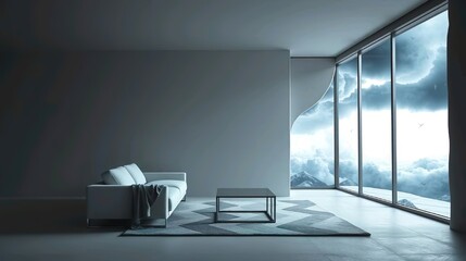 Fototapeta premium A sleek and modern interior design of a minimalist living room, featuring a neutral color palette of white, gray, and beige with black accents.