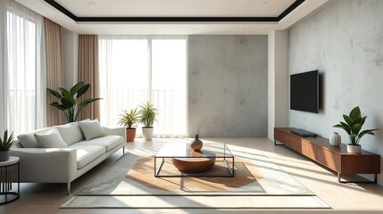 A sleek and modern interior design of a minimalist living room, featuring a neutral color palette of white, gray, and beige with black accents.