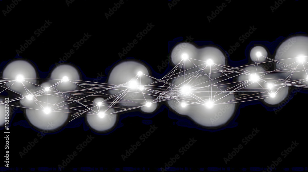 Poster abstract glowing network of connected nodes on a dark background representing data flow and communic