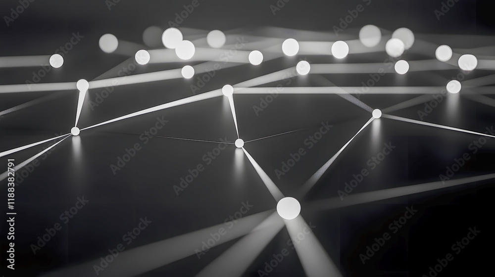 Poster abstract network of glowing orbs and lines on a dark background representing connectivity and techno