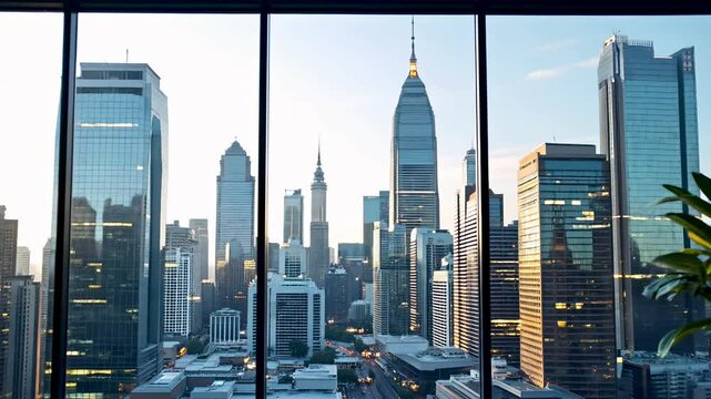 Modern office view of New York City skyline. Panoramic urban landscape through large windows. Skyscrapers and high-rises at sunset. Corporate workspace ambiance