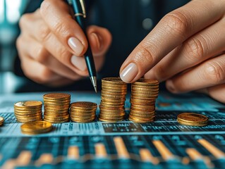 A close-up of hands stacking coins on a financial report, symbolizing investment and financial planning.
