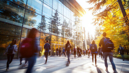 A realistic shot of a group of students walking in the entrance area at different times, passing through glass doors and entering a modern university building with tall ceilings