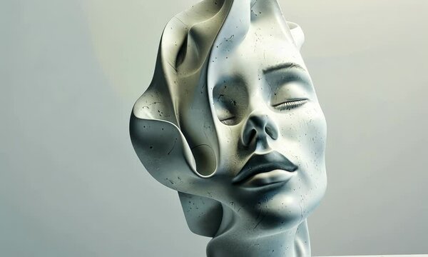 Surreal sculpture of distorted female face