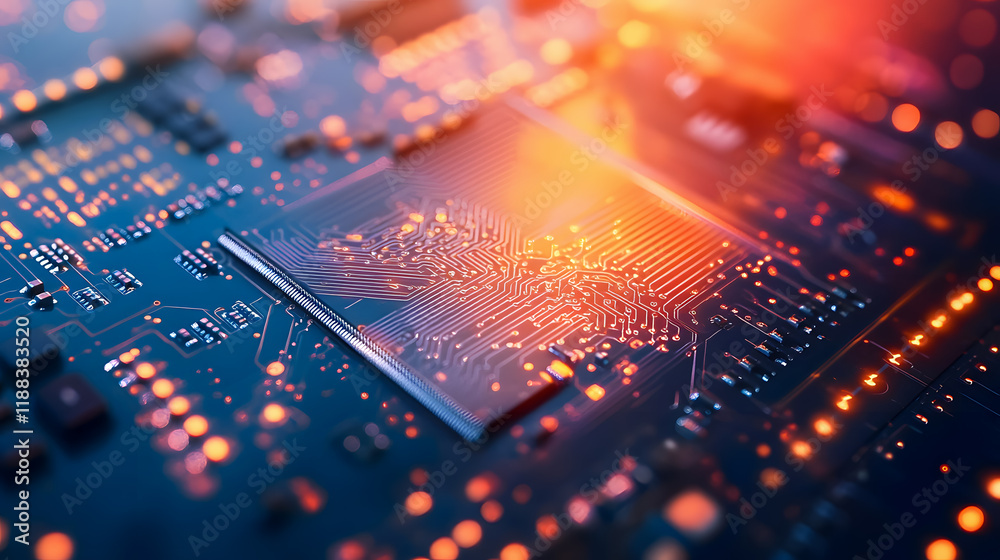 Poster close-up view of a complex microchip with bright circuit patterns and glowing lights for technology 