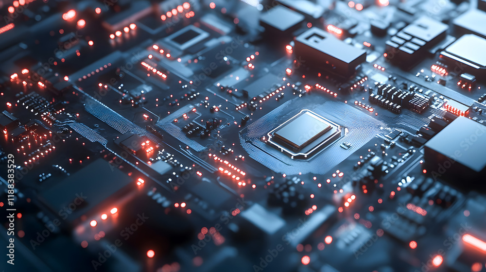 Poster detailed close-up of a modern circuit board with glowing components and intricate patterns for techn