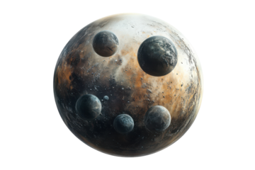 Surreal depiction of an alien planet showcasing multiple moons against white background