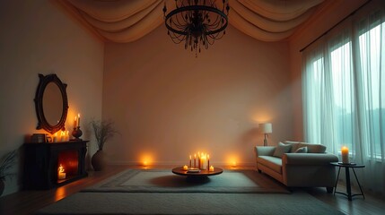 A sleek and modern interior design of a minimalist living room, featuring a neutral color palette of white, gray, and beige with black accents.