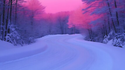 Obraz premium Pink Sunset Over Snowy Winding Forest Road