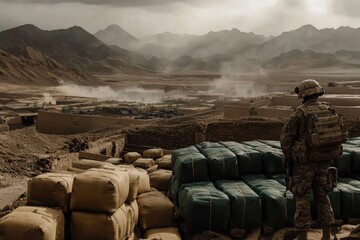 Soldier surveys landscape during military operation near mountainous terrain in twilight hours
