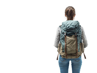 Naklejka premium Isolated person wearing a backpack, on transparent background, PNG file, with visible adventure spirit,