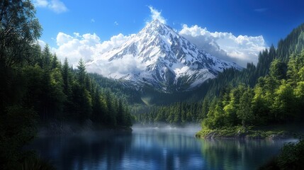 Fototapeta premium Scenic View of Towering Mountain Surrounded by Lush Green Forest