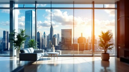 Luxurious penthouse interior with panoramic city skyline view. Modern urban living space with floor-to-ceiling windows. Sunlit contemporary apartment overlooking skyscrapers - Powered by Adobe