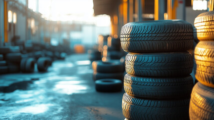 Dusty factory warehouse, rows of tires, sunlight highlights rubber textures, waste management concept
