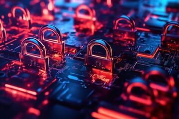 Colorful locks on circuit boards symbolize digital security and data protection