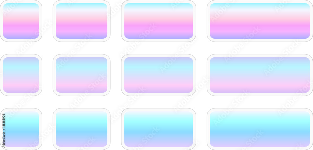 Poster Buttons with rainbow iridescent gradient, square and rectangular shapes collection, interesting navigation panel for website with shiny holographic buttons.
