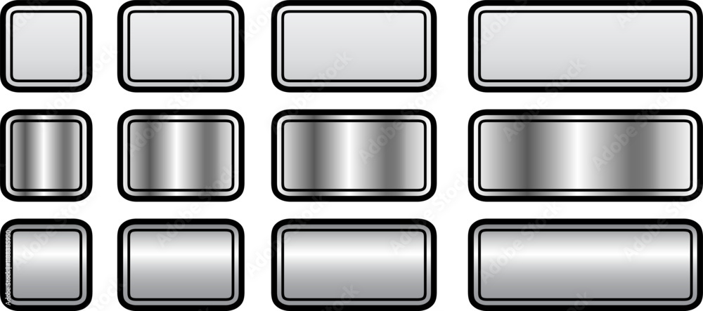 Poster Buttons silver gray, square and rectangular shapes collection, interesting navigation panel for website with shiny metallic buttons.