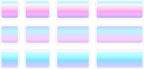 Buttons with rainbow iridescent gradient, square and rectangular shapes collection, interesting navigation panel for website with shiny holographic buttons.