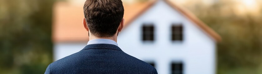 A man in a suit stands with his back to a house, suggesting contemplation or decision-making about homeownership or investment.